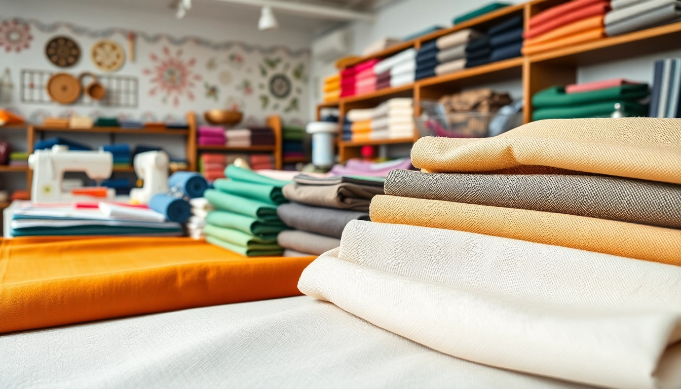 Laat katoenen canvasstof zien in verschillende kleuren in een stoffenwinkel setting.