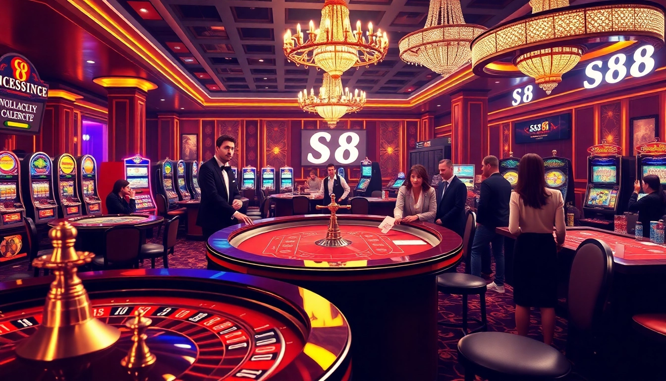 Experience the thrill of gambling with S8-themed roulette wheels and vibrant slot machines in a luxurious casino setting.
