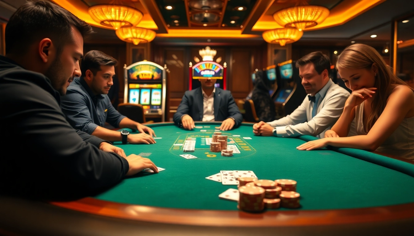 Engaging scene of players enjoying Game bài NK88 at a luxurious online casino table filled with cards and chips.