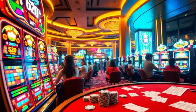 Nổ hũ 68win in a vibrant casino scene with enthusiastic players and colorful slot machines.