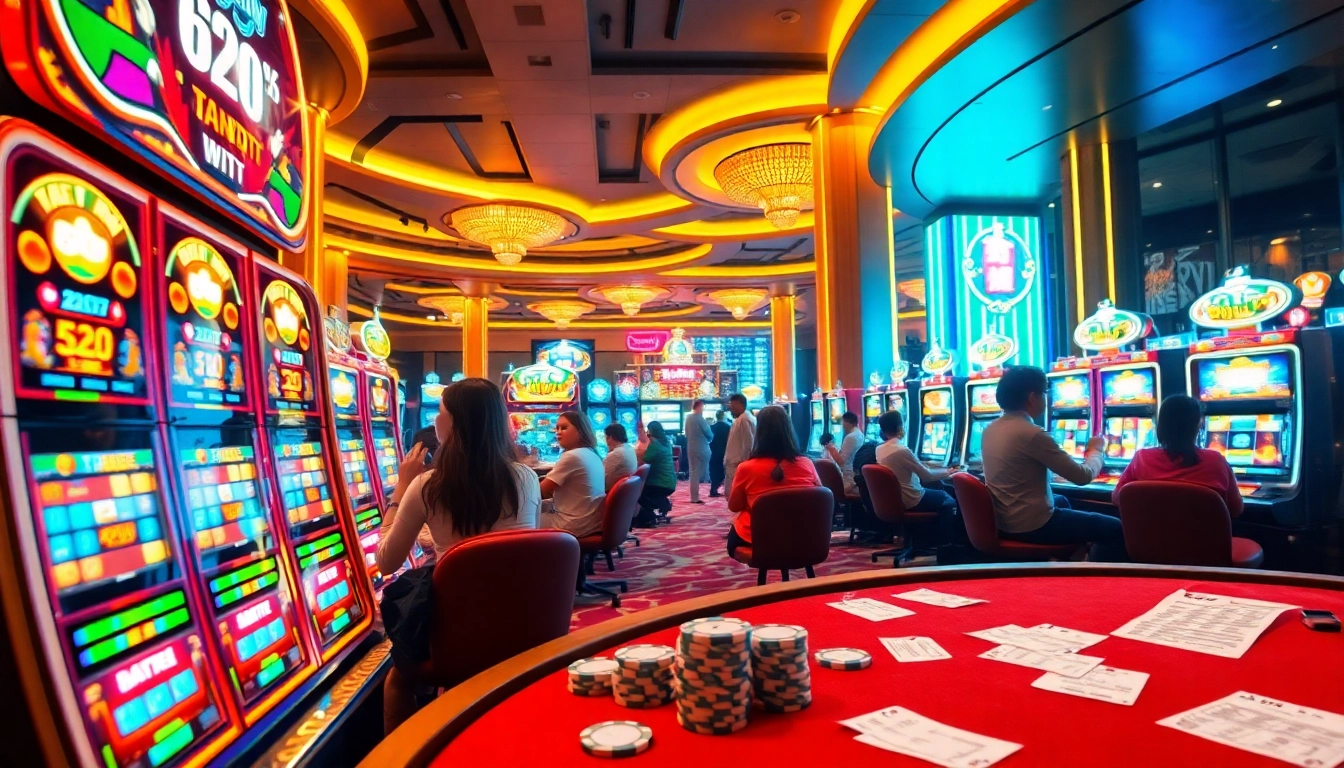 Nổ hũ 68win in a vibrant casino scene with enthusiastic players and colorful slot machines.