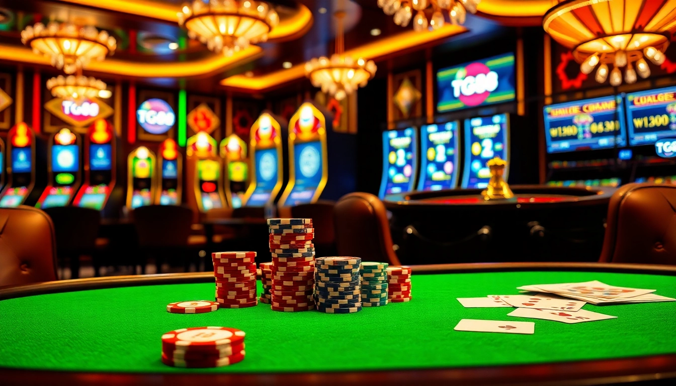 tg88 poker chips and playing cards at an upscale casino table.