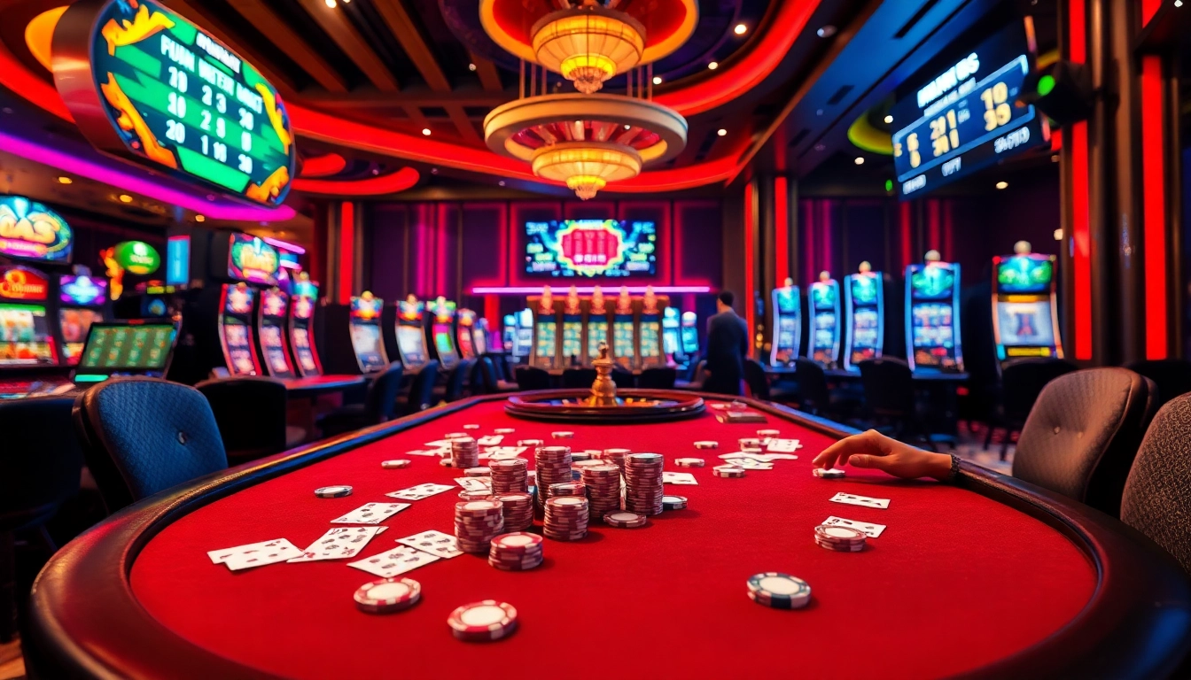 Kèo nhà cái 5 gaming action at a vibrant casino with cards and roulette.