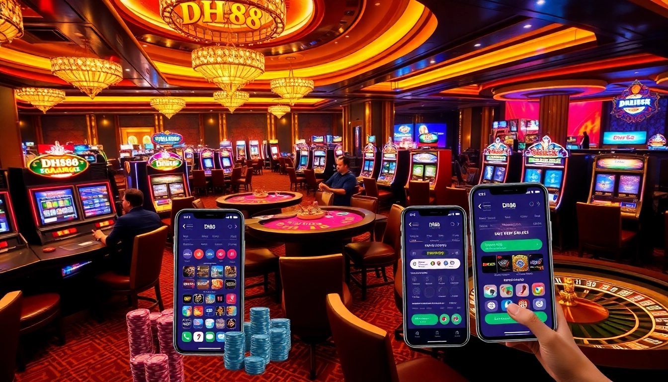 Tải app DH88 to access a thrilling casino experience with vibrant slot machines and digital gaming interfaces.