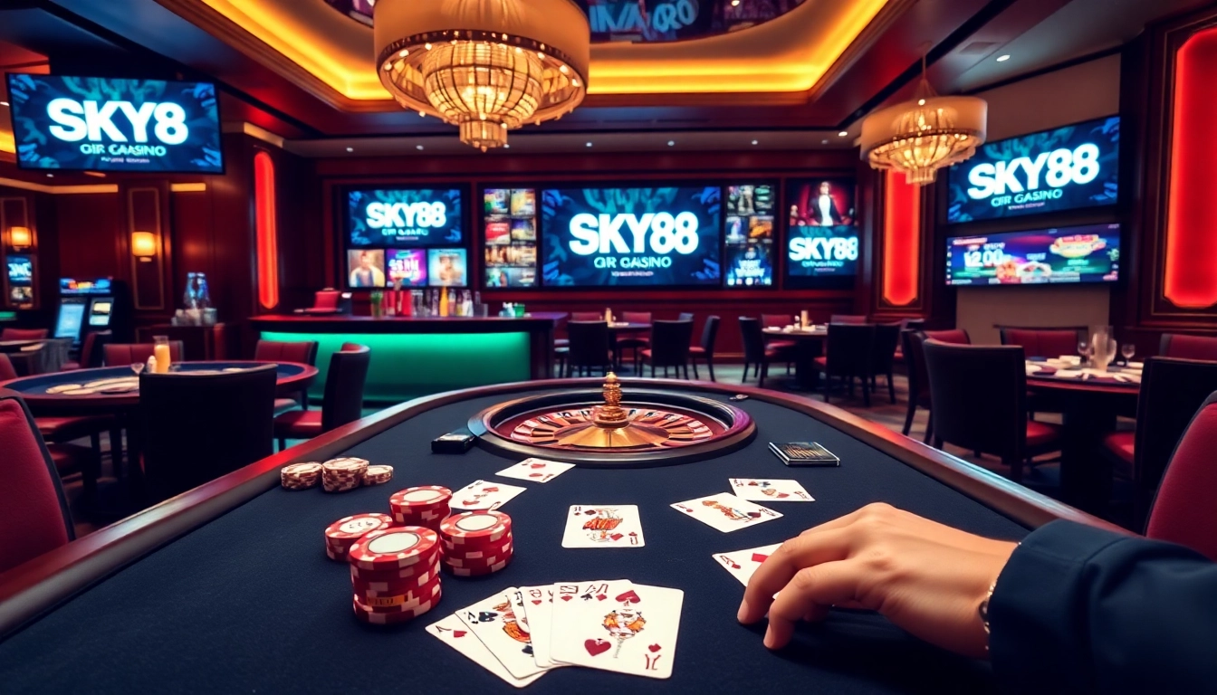 Experience thrilling gaming action at SKY88 with a vibrant casino atmosphere and exciting poker gameplay.