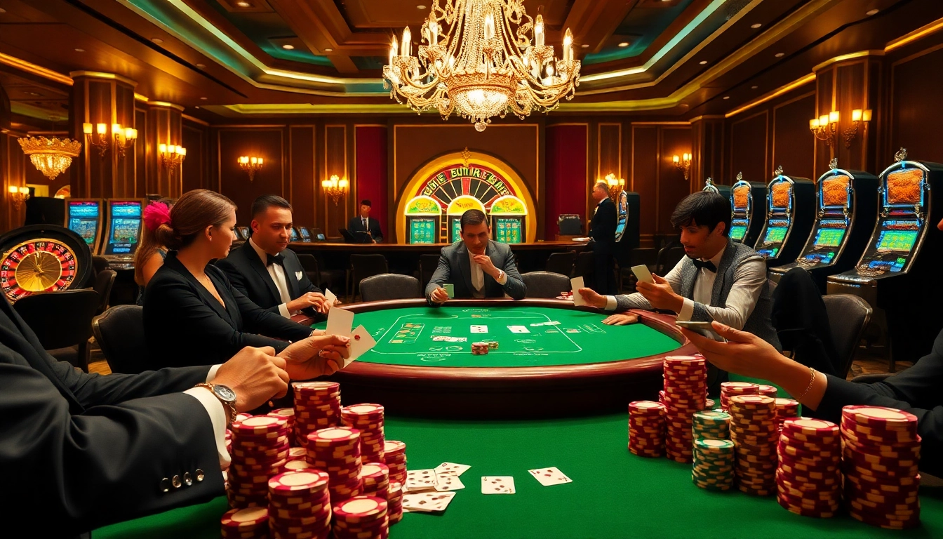 High-stakes poker game at a luxury casino with vibrant colors and atmosphere at https://x88ni.com/.