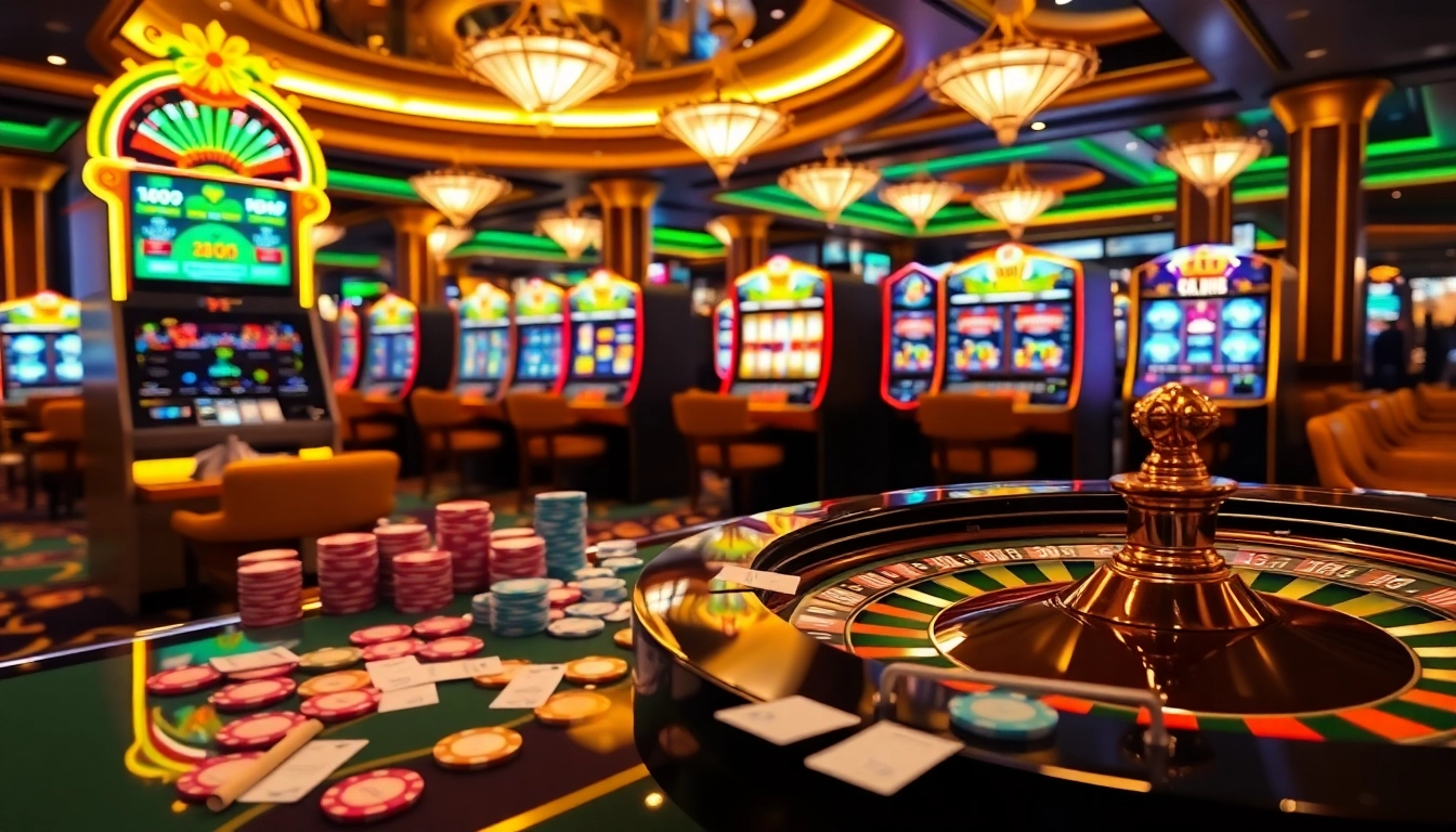 Bola gila on display with vibrant poker chips and illuminated slot machines in a luxurious casino.