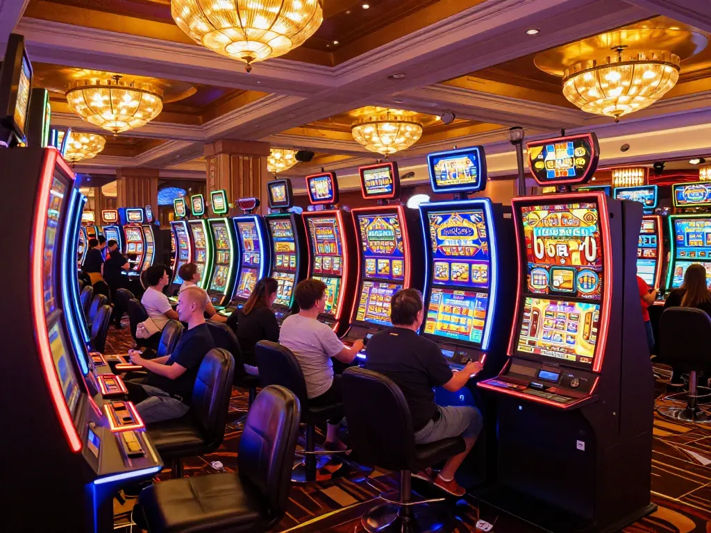 Players enjoying interactive slot machines in lively casino atmosphere