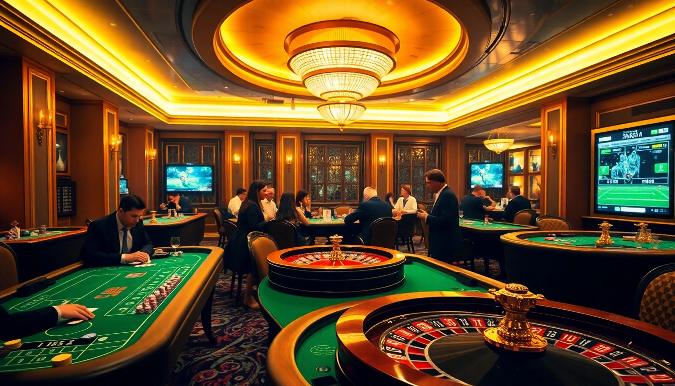Tỷ số trực tuyến bóng đá visible on a high-tech screen in a luxurious casino gaming room.