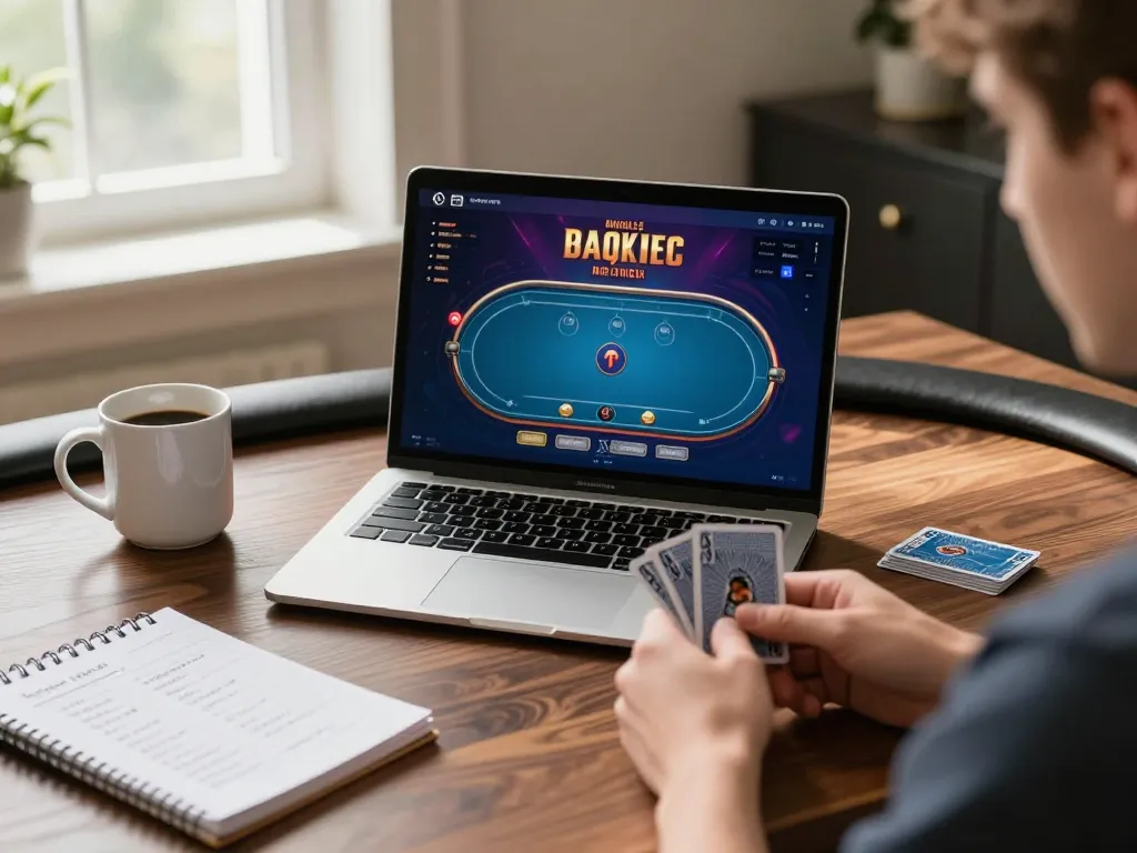 Engaging in online poker at https://lc88app.com/ with vibrant interface viewed on laptop and personal strategy notes nearby.