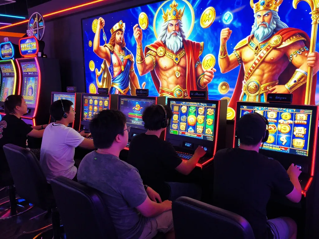 Players engaging with exciting slot games in a vibrant online gaming setting, celebrating wins with Zeus-themed visuals.