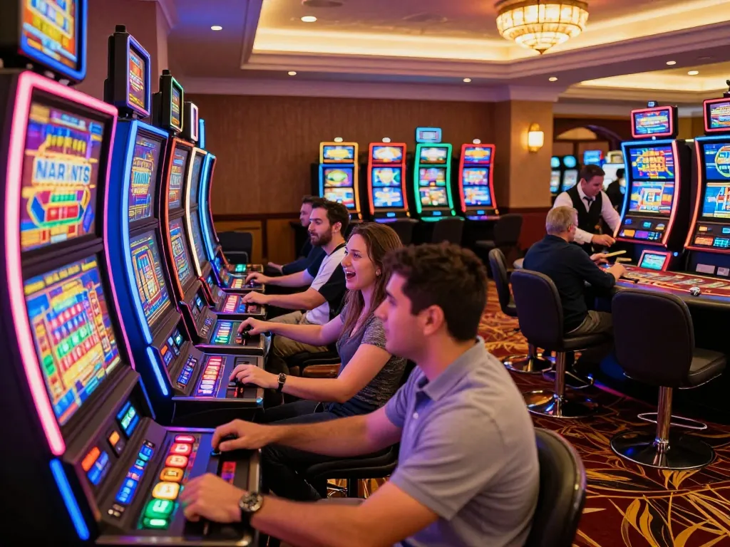 Players enjoying slot gacor action on a lively casino floor filled with colorful machines.