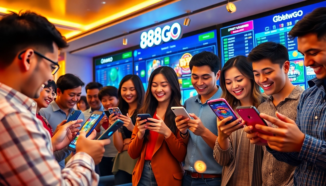 Thrilled users engaging with the 88GO online gaming platform, showcasing vibrant casino games and sports betting.