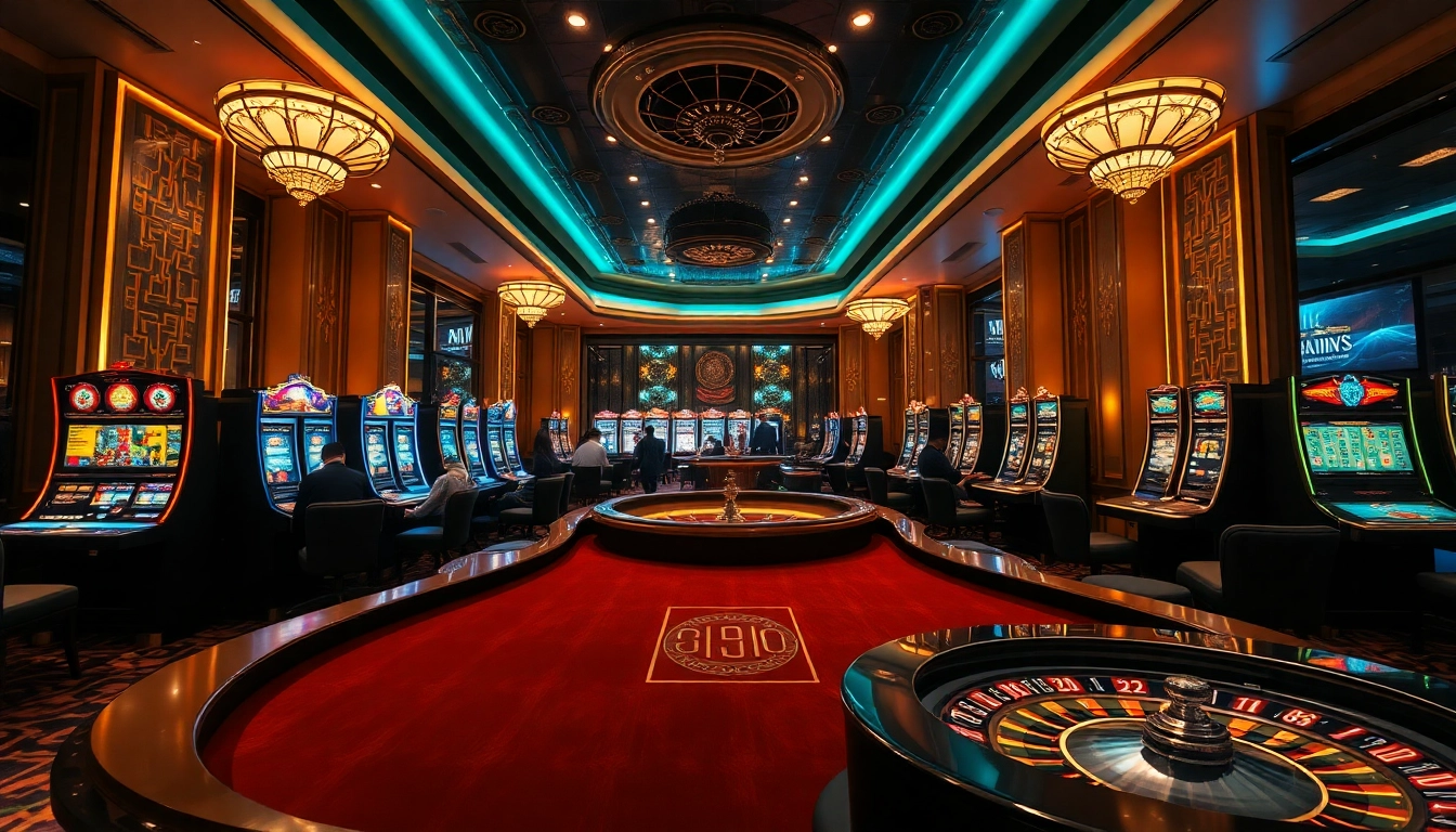 The kaisar888 gaming experience features luxury tables and slot machines in an elegant casino atmosphere.