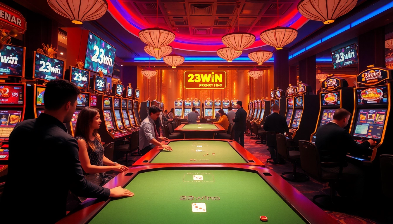 Exciting online gaming experience at 23win casino with vibrant slot machines and card tables.