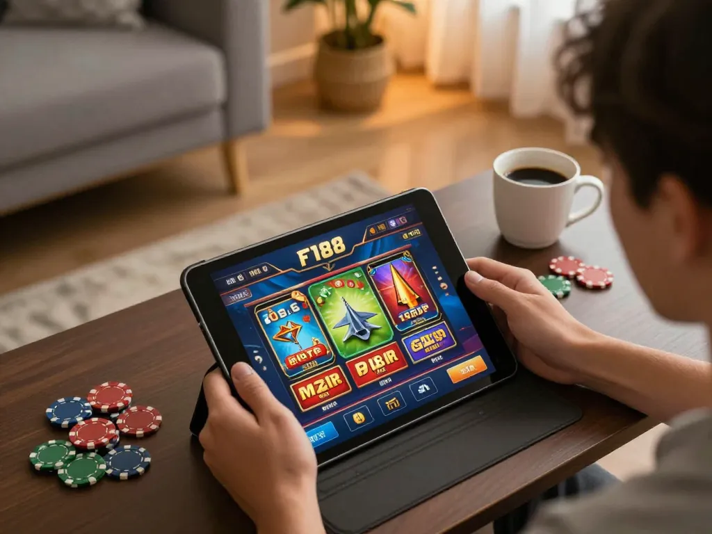 Player enjoying the F 168 online casino app on a tablet, showcasing a cozy gambling setup with chips and warm lighting.