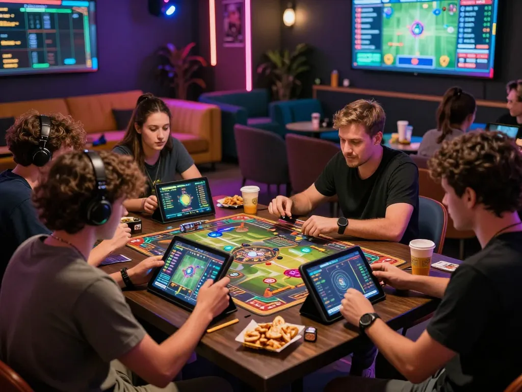 Players enjoying an exciting LODE88 gaming night with tablets and snacks.