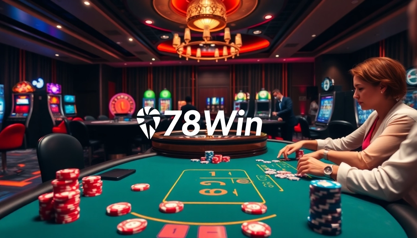 Engaging players at 78Win casino with a thrilling poker game and vibrant slot machines.
