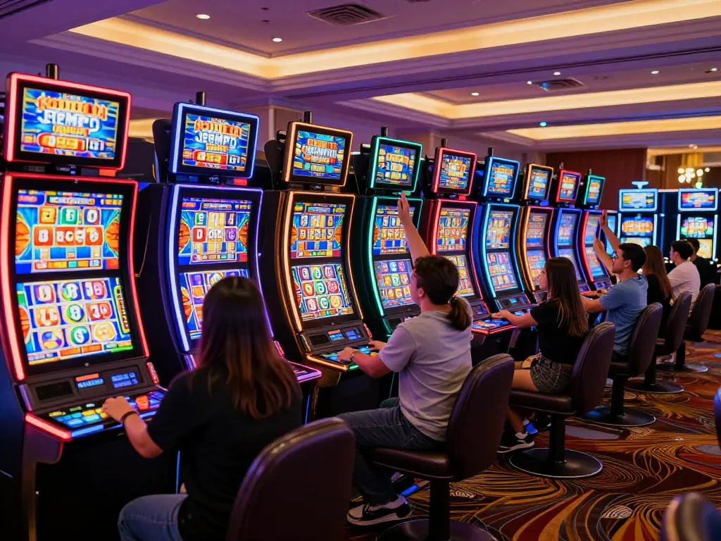 Players enjoying slot gacor machines with bright screens, celebrating big wins on the casino floor.