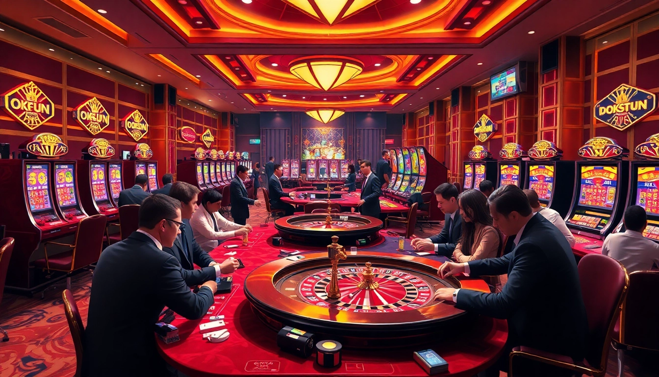 Experience high-stakes gaming excitement at OKFUN Casino with lively players enjoying card games and slots.