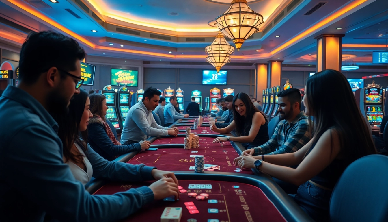 nhà cái uy tín casino gaming atmosphere with diverse players and digital screens