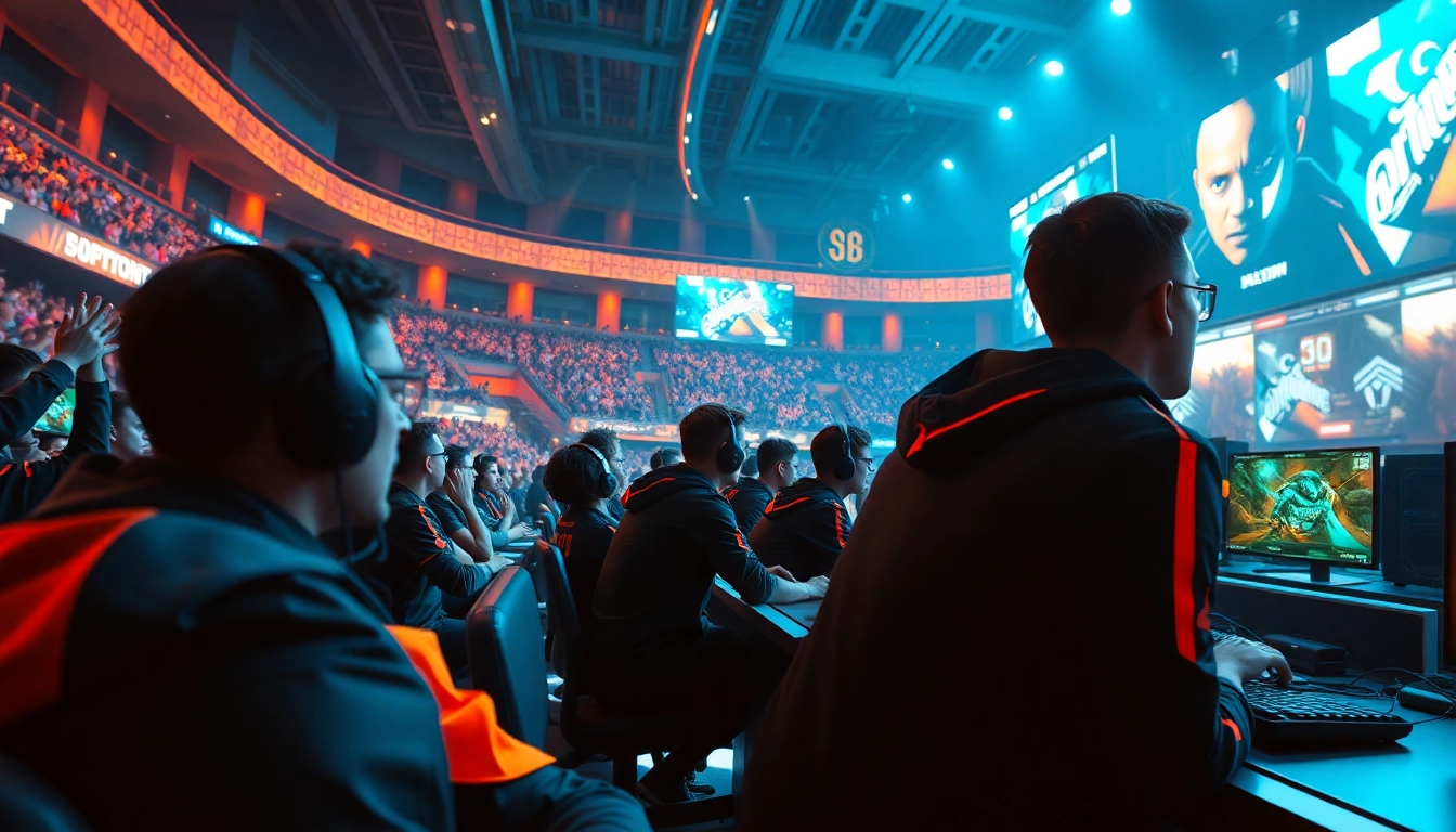 Exciting gaming arena scene featuring XX88 competitions with enthusiastic players and fans.