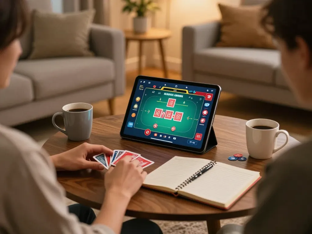 Engaging in online poker gaming through 789win.com app on tablet, cozy home setting with strategies visible