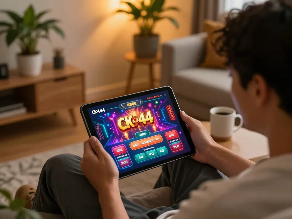 Player enjoying CK444 online casino app from home, showcasing vibrant gaming interface and cozy atmosphere