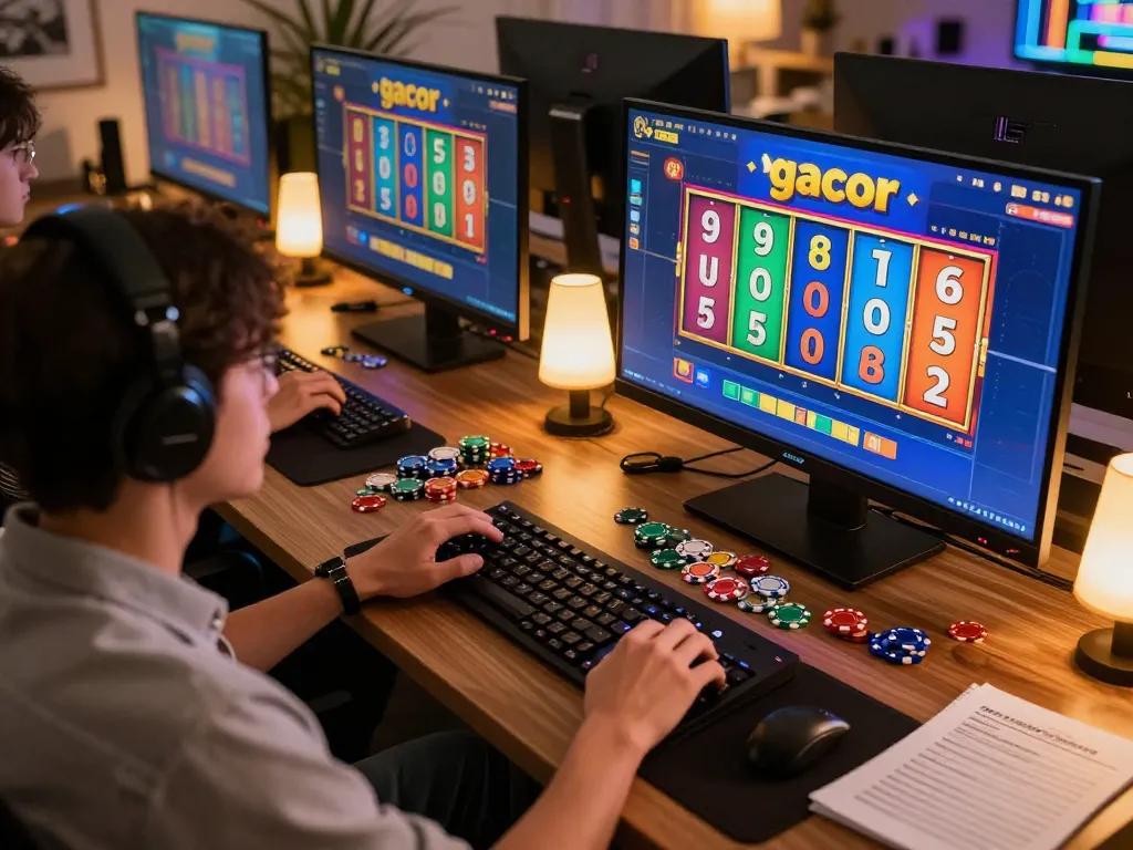 Engaging gameplay on slot gacor games within a modern home setup, featuring colorful screens and strategic notes.