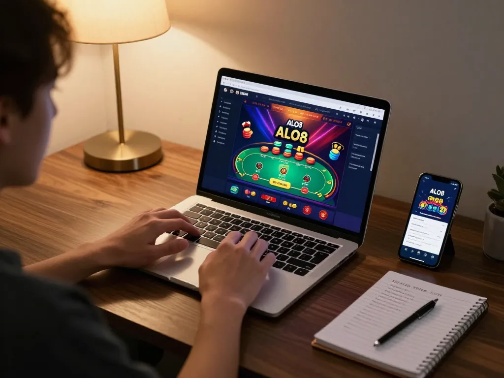 Player enjoying an online poker game on ALO8 while using a laptop, showcasing engaging gaming atmosphere.