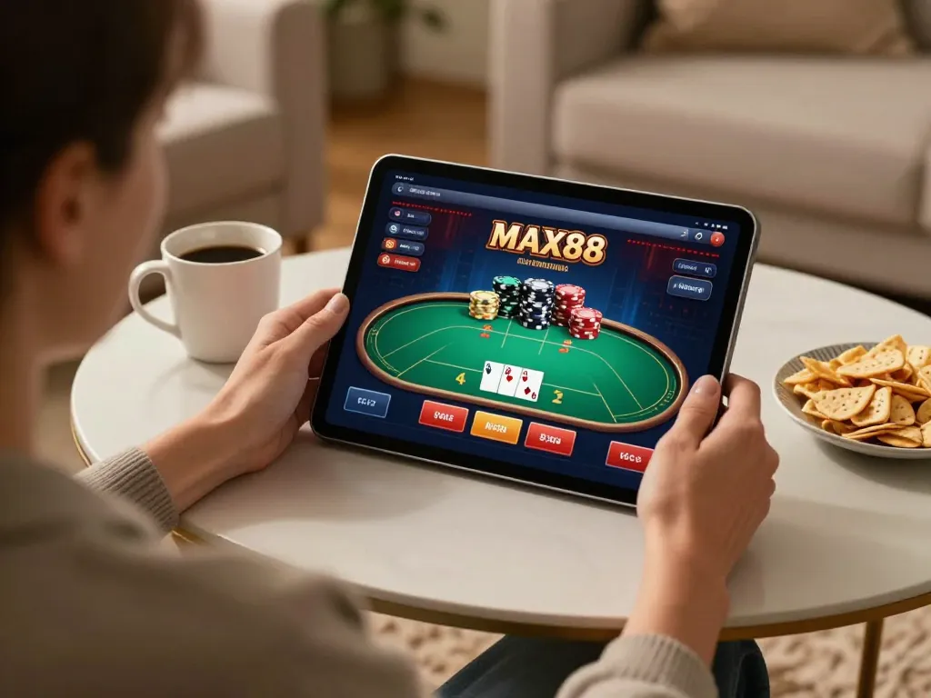 Engaging player enjoying MAX88 casino games on their tablet in a cozy living room.