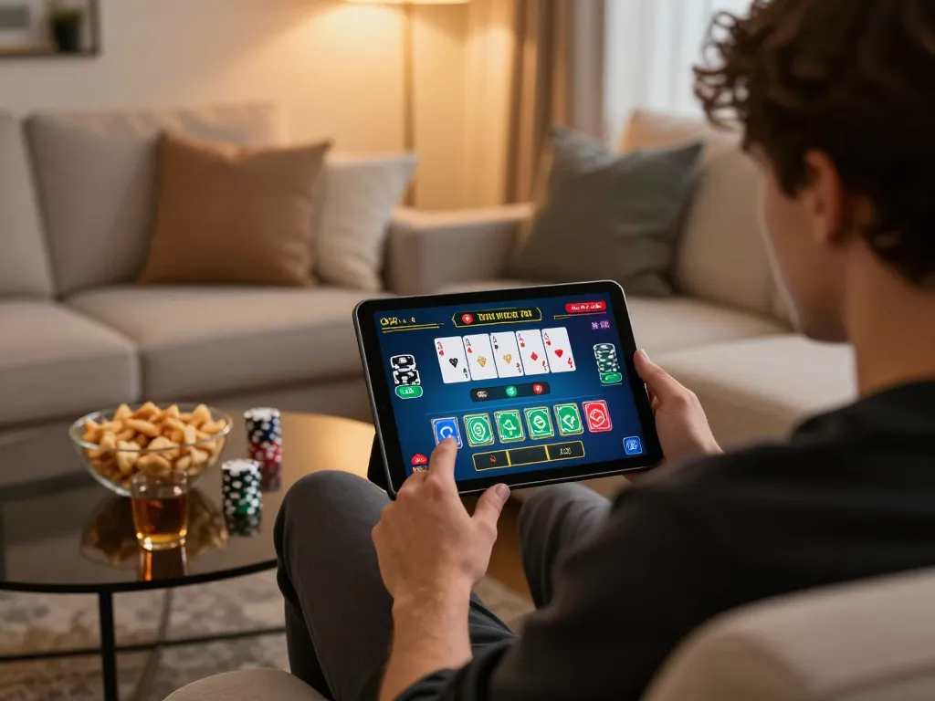 TA88 player enjoying live dealer blackjack on tablet at home, showcasing strategic gameplay.