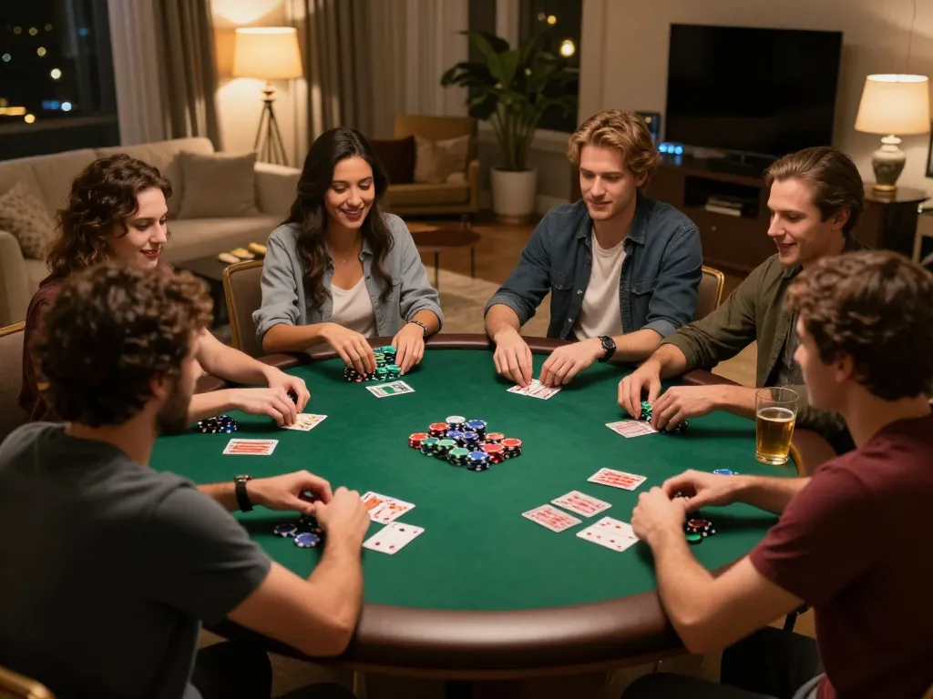 Friends engaged in a thrilling poker game at home, showcasing a luckywin experience of excitement and strategy.