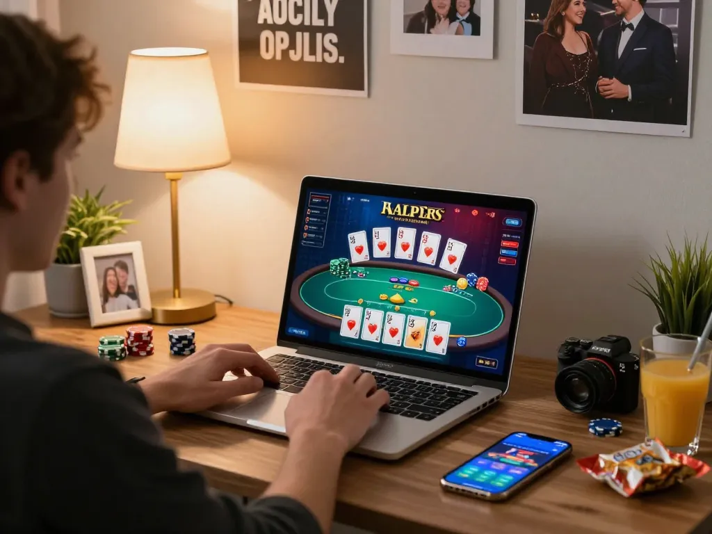 Player engages with online poker game on laptop, showcasing an exciting sunwin gaming experience