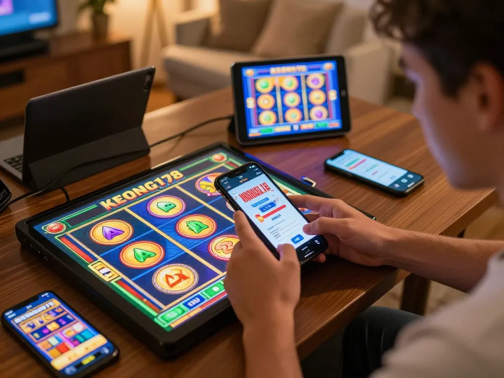 Player engaging with KEONG178's mobile casino app, highlighting immersive slot gameplay and vibrant graphics.