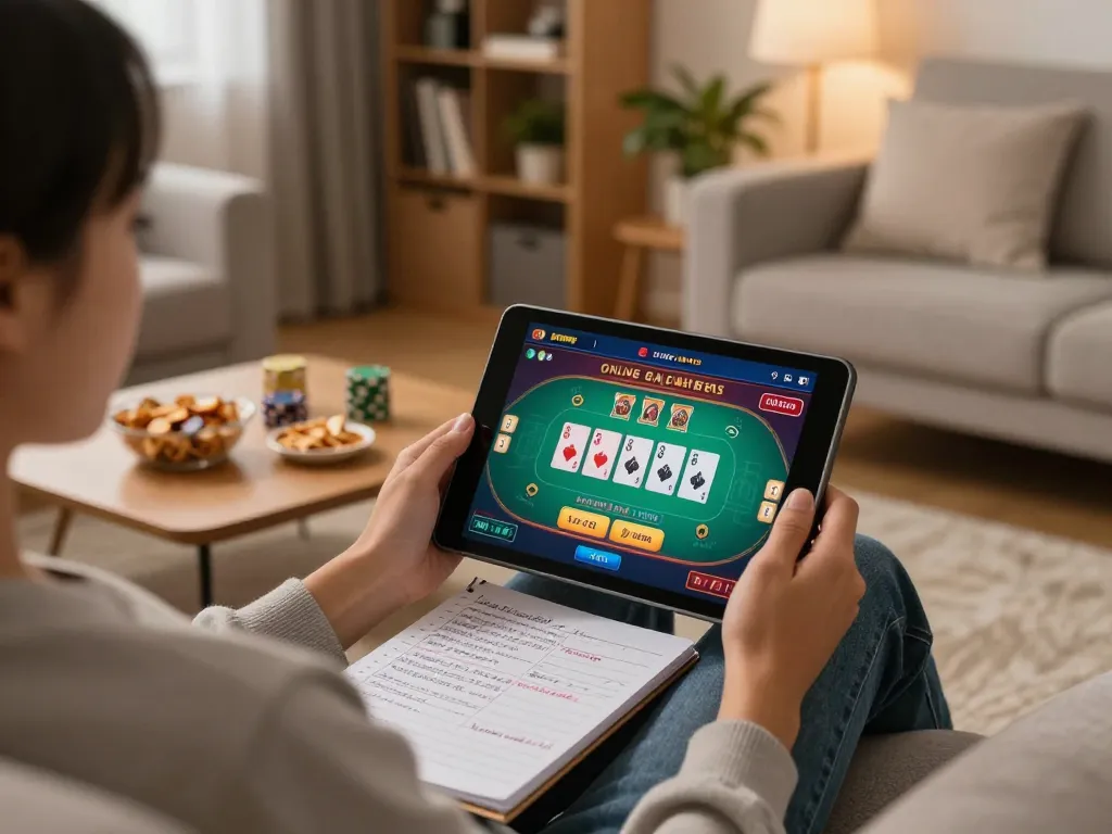 Player engaging in strategic online poker at home using lc88 platform with betting notes and snacks.