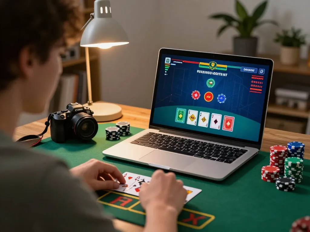 Engaged player enjoying an online blackjack game at LV88, showcasing strategic gameplay and a comfortable home setting