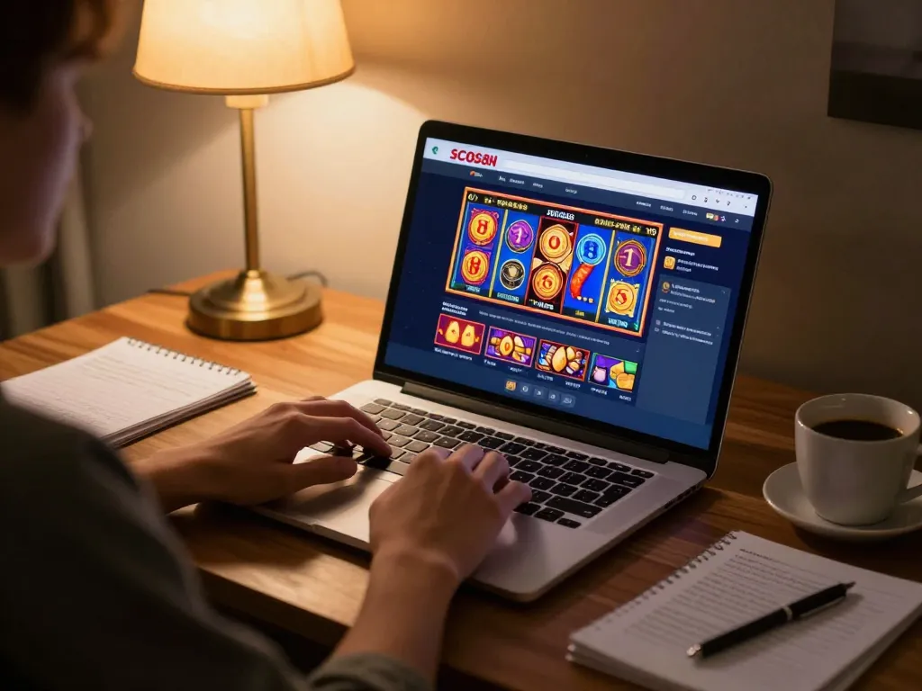 Player enjoying SC88 casino games online on a laptop in a cozy home setting