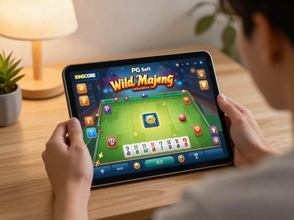 IDNSCORE player enjoying PG Soft Wild Mahjong Ways on a tablet in a cozy home environment, emphasizing responsible gaming practices.