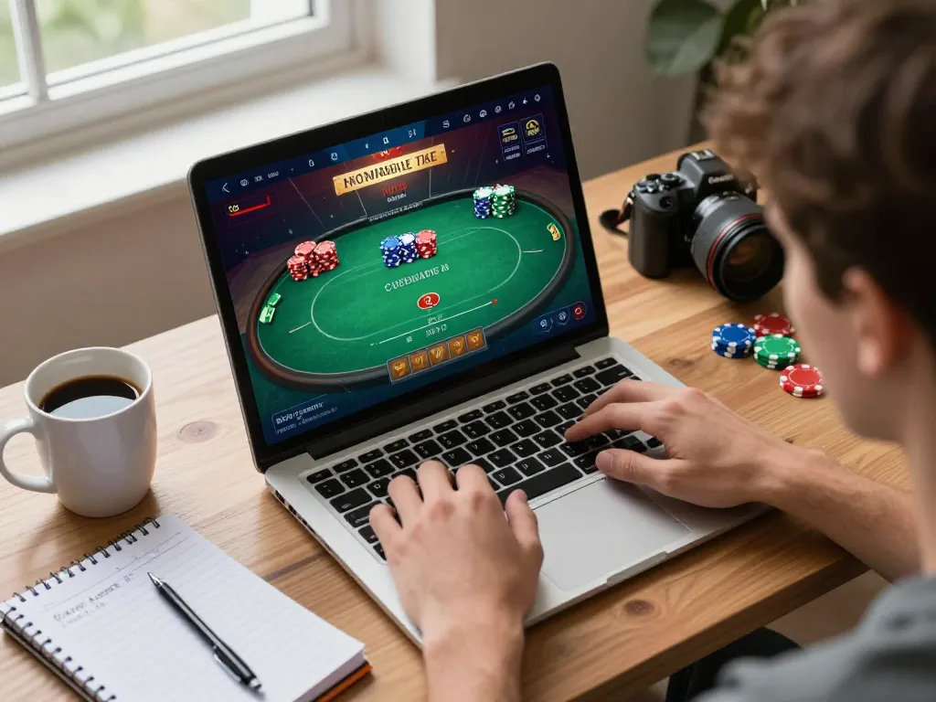 Engaged player using their laptop for online gaming while exploring thương hiệu SC88, showcasing colorful poker chips and a cozy setting.