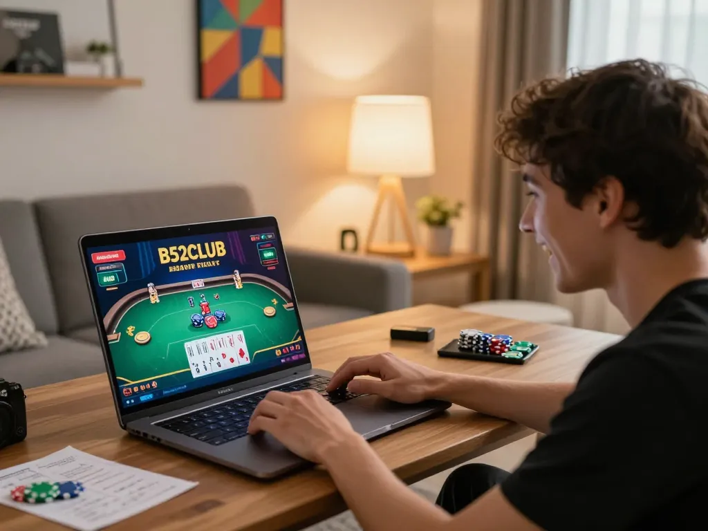 B52CLUB player enjoying an online poker game, engaging in responsible gambling at home