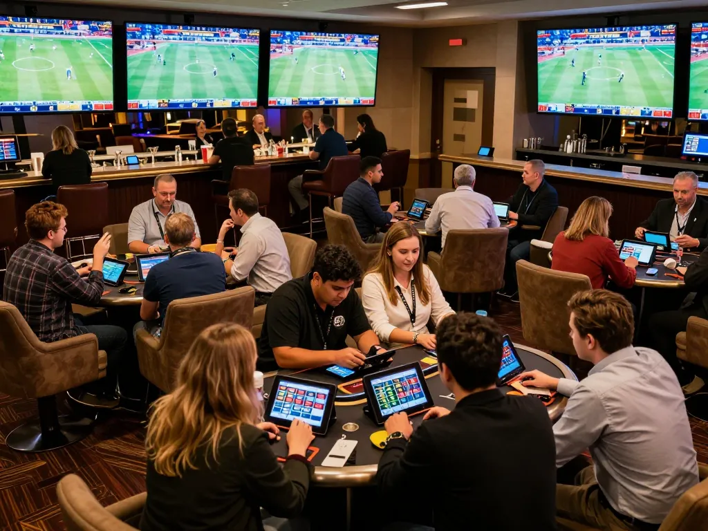 LLWIN players engaging in sports betting at a luxurious casino lounge with vibrant displays