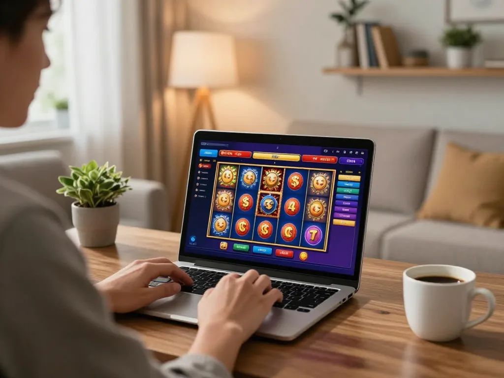 Engaging user playing online slots at home while using rokok88 platform on laptop for exciting gaming experience.