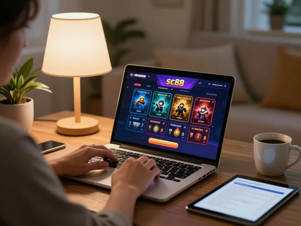Engaging in sc88 đăng nhập while exploring exciting online casino games in a cozy living room setting