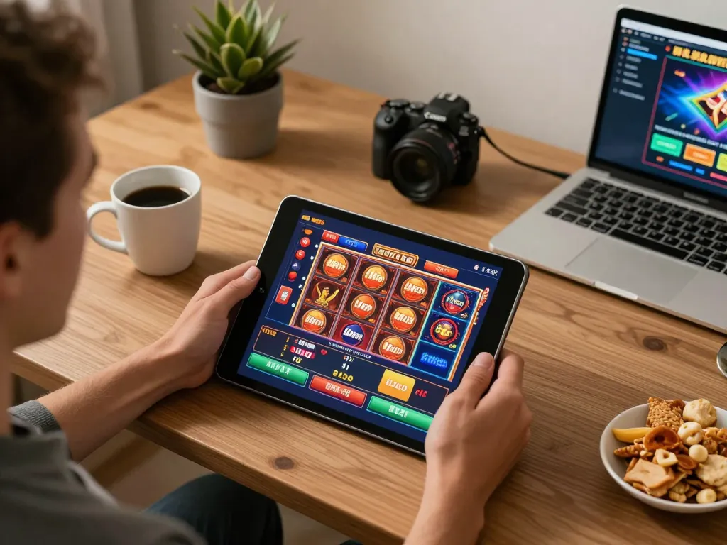 Enjoying a thrilling llwin casino gaming experience on a tablet at home with snacks.