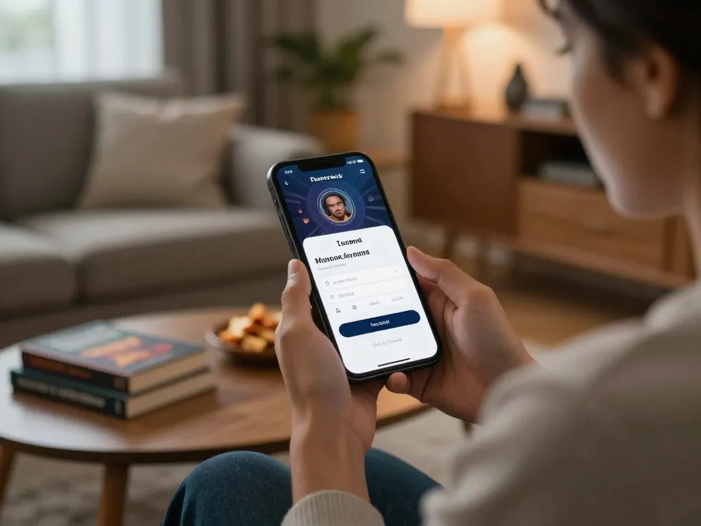 Engaging mobile app login option on smartphone in cozy home environment, illustrating responsible gaming.