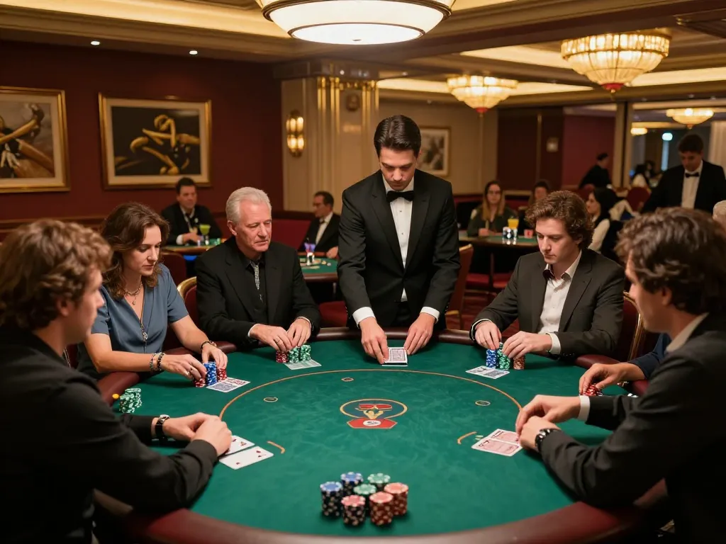 MPOID poker players engaged in an intense round at a luxurious casino table, showcasing strategic gameplay.