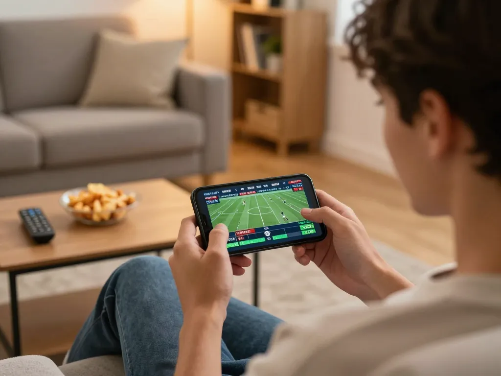 Player engaged in online sports betting on smartphone, exploring phdream odds in a cozy living room.