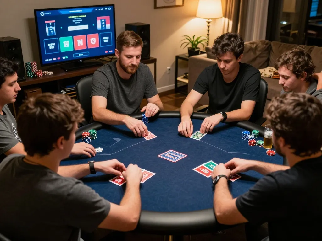 King88 players enjoying an exciting online poker game, emphasizing strategy and friendly competition in a cozy home setting