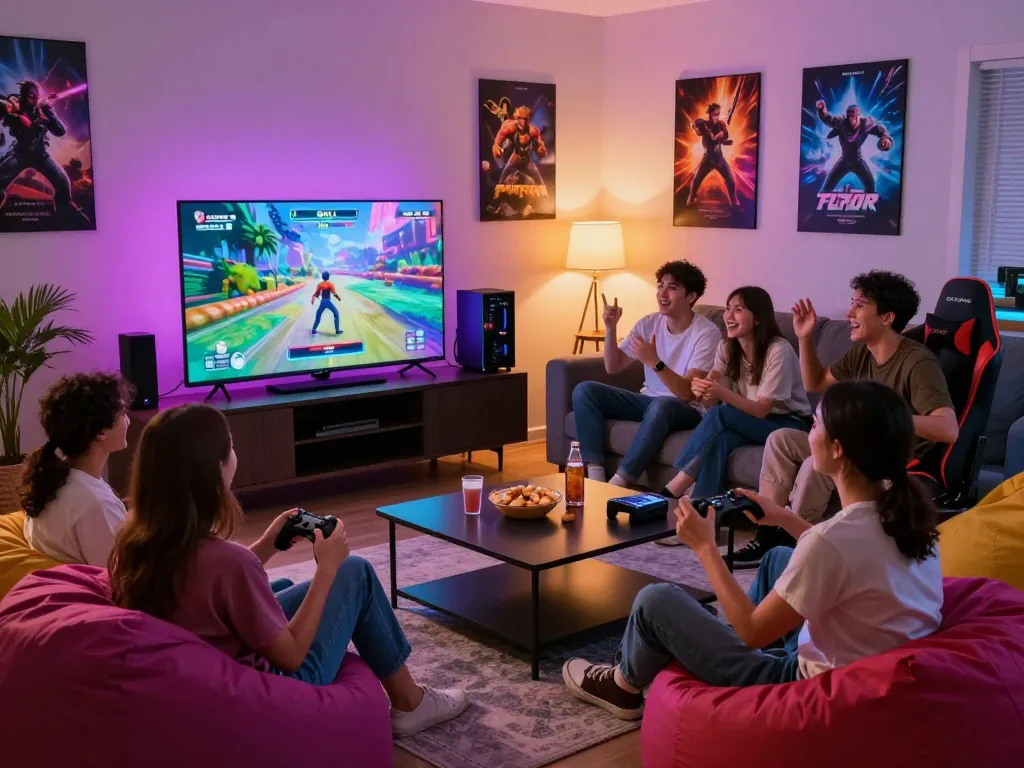Exciting group gaming session at home with friends enjoying https://f168.today/ and cozy atmosphere